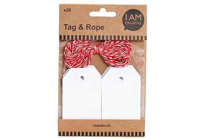 Labels van wit karton 20 stuks + rood-wit touw